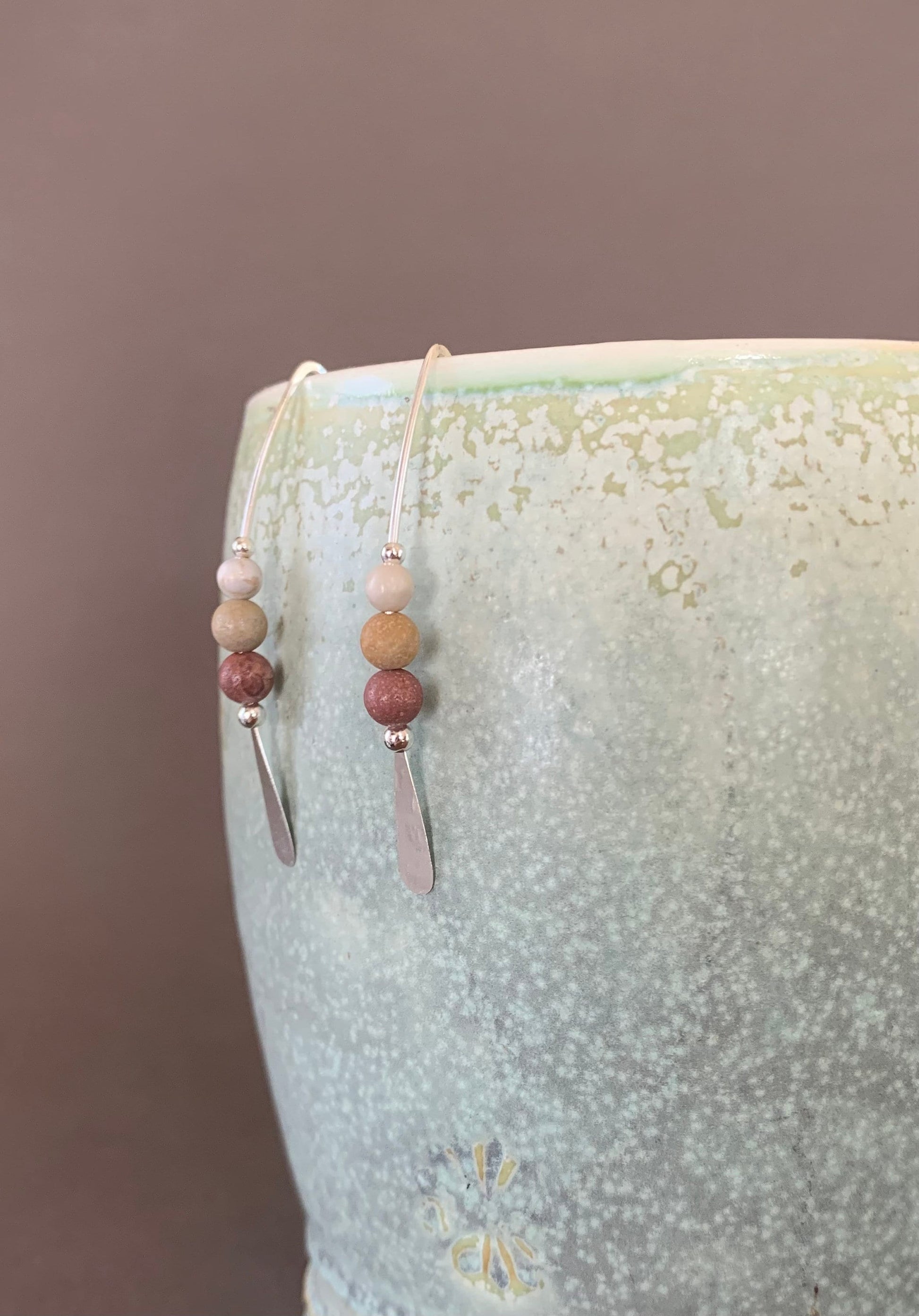 Jasper Stone Sterling Silver Threader Earrings: Earthy Elegance in Shades of Cream and Terra Cotta, Thin Open Silver Hoops