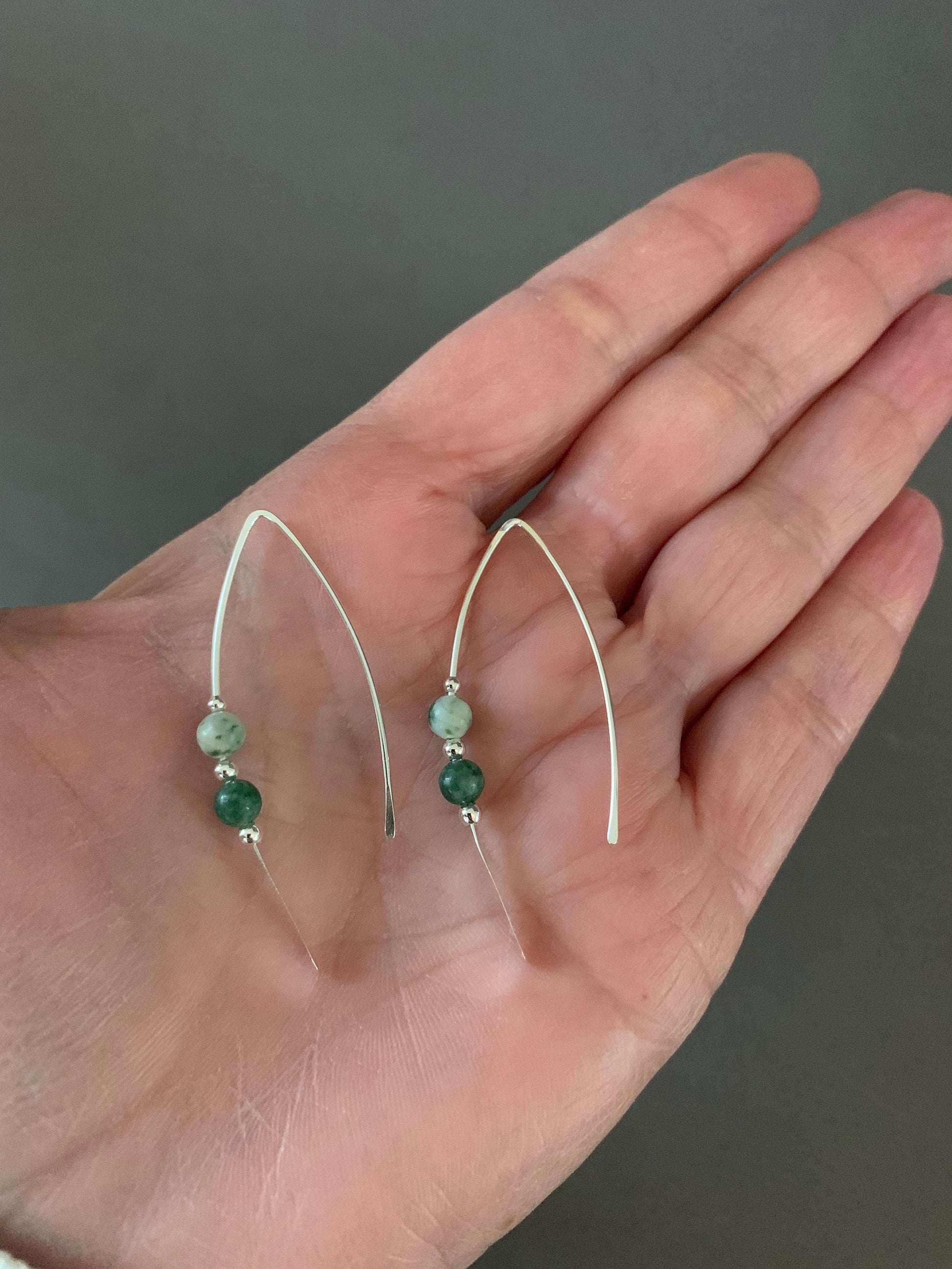 Silver Threader Earrings, Jade Green and Cream Beads, Sterling Wishbone Earrings, Green Agate Stone, Thin Open Hoops, Hammered Hoop Earrings