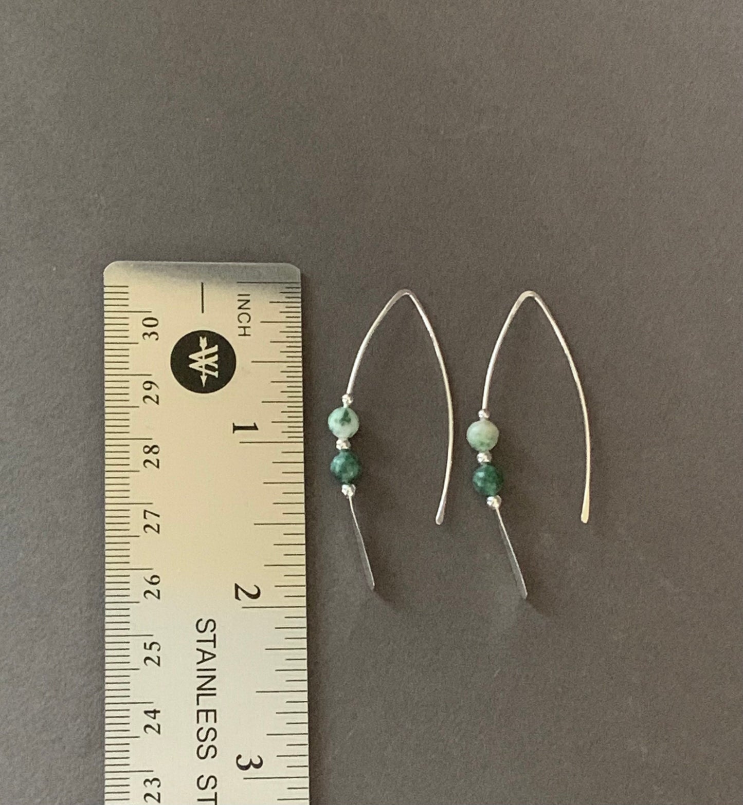 Silver Threader Earrings, Jade Green and Cream Beads, Sterling Wishbone Earrings, Green Agate Stone, Thin Open Hoops, Hammered Hoop Earrings