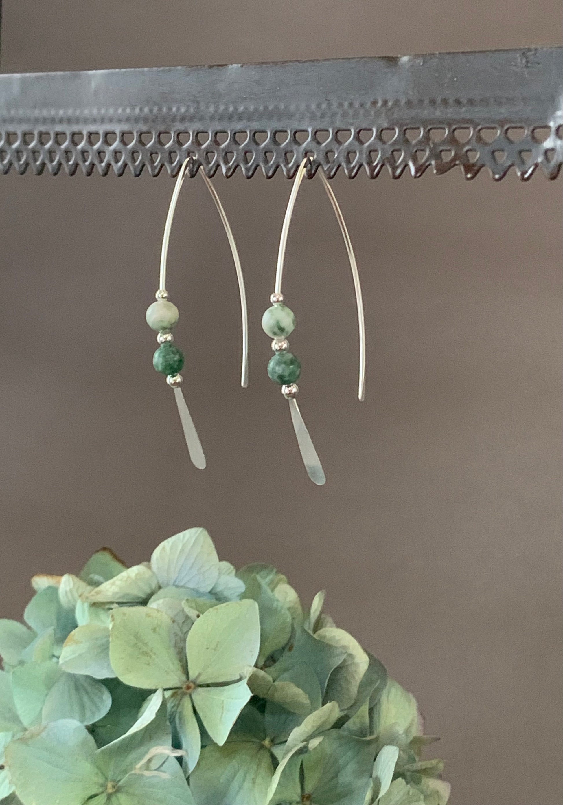 Silver Threader Earrings, Jade Green and Cream Beads, Sterling Wishbone Earrings, Green Agate Stone, Thin Open Hoops, Hammered Hoop Earrings