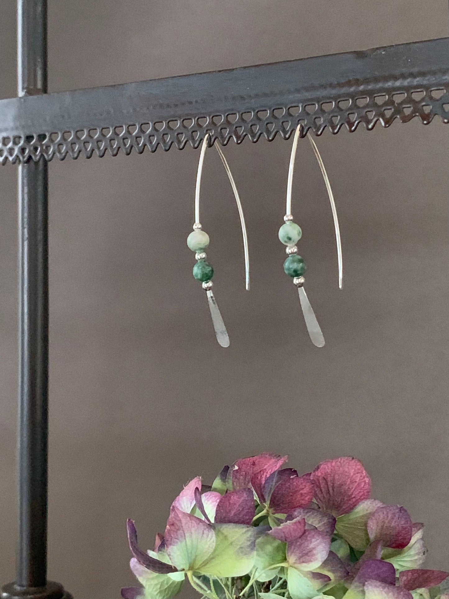 Silver Threader Earrings, Jade Green and Cream Beads, Sterling Wishbone Earrings, Green Agate Stone, Thin Open Hoops, Hammered Hoop Earrings