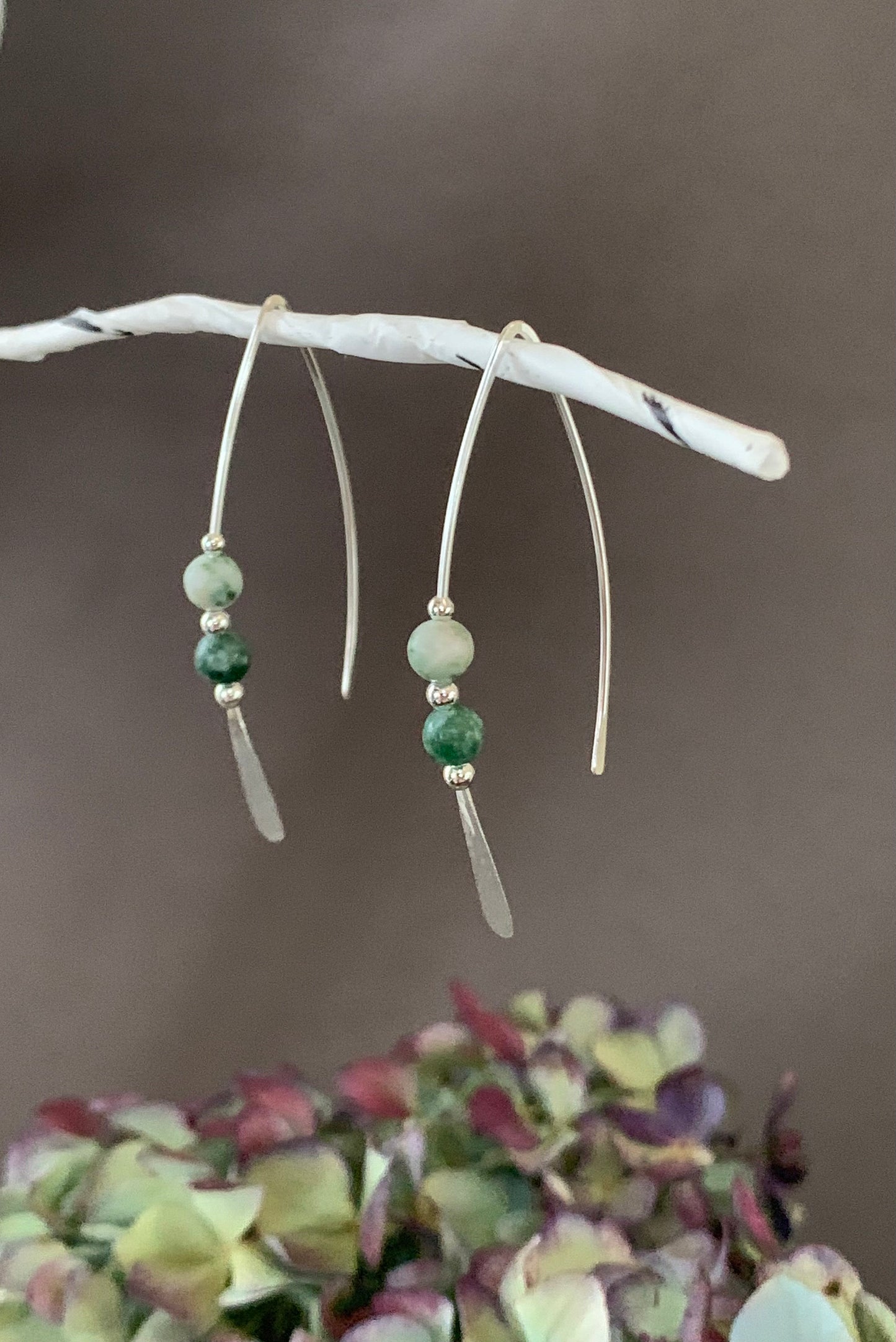 Silver Threader Earrings, Jade Green and Cream Beads, Sterling Wishbone Earrings, Green Agate Stone, Thin Open Hoops, Hammered Hoop Earrings