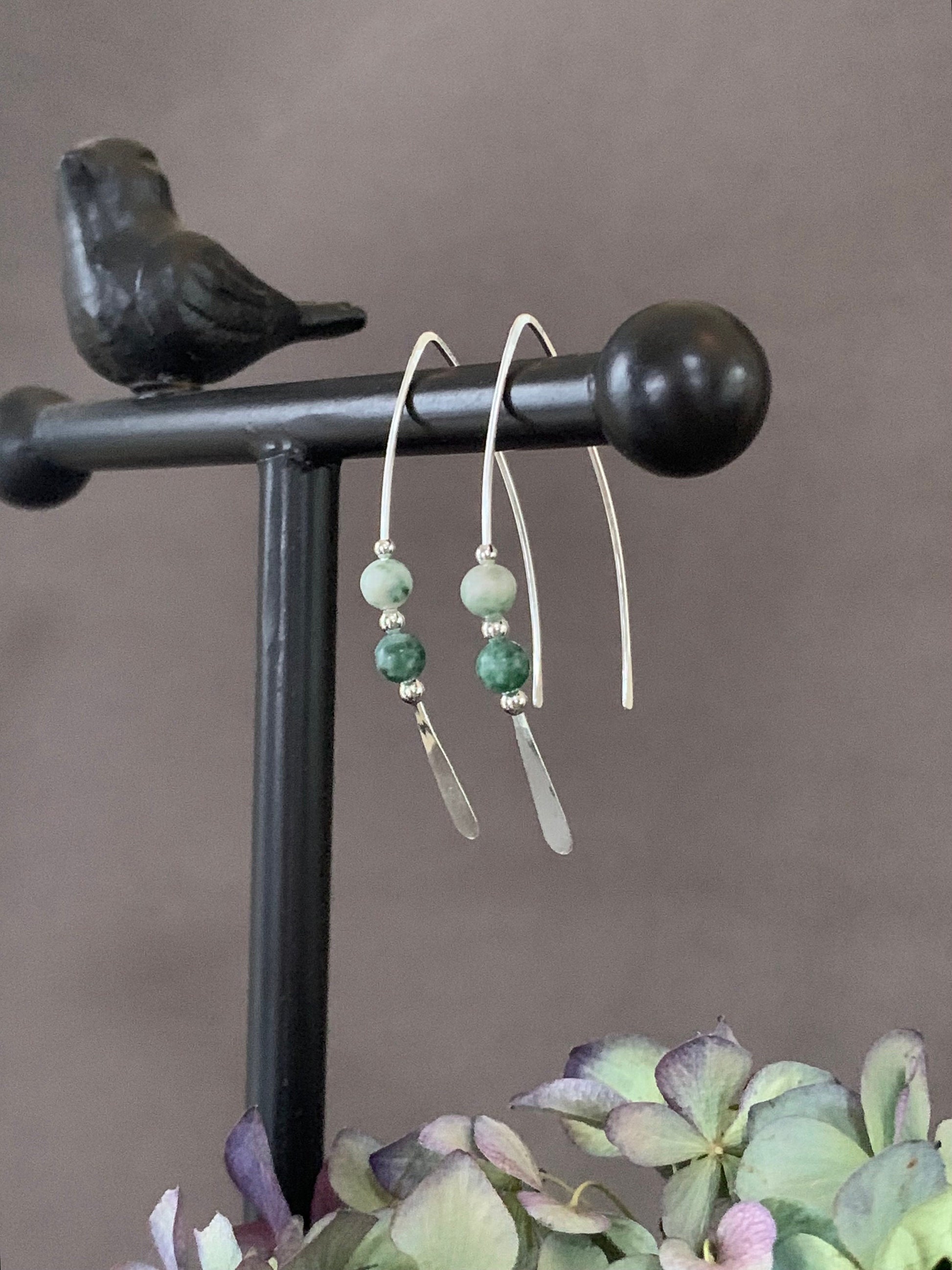 Silver Threader Earrings, Jade Green and Cream Beads, Sterling Wishbone Earrings, Green Agate Stone, Thin Open Hoops, Hammered Hoop Earrings