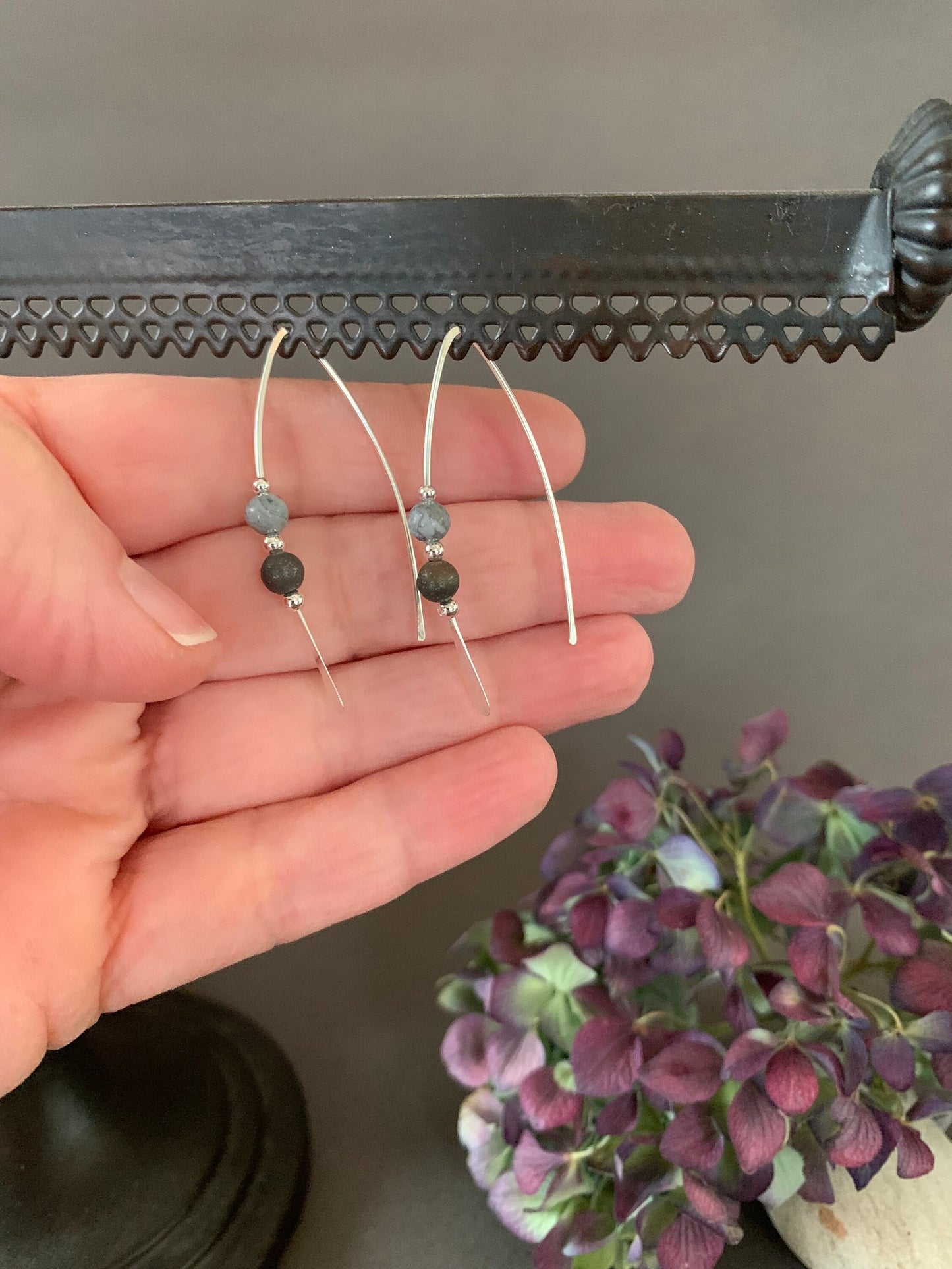 Jasper Stone Sterling Silver Threader Earrings: Earthy Elegance in Shades of Grey and Black, Thin Open Silver Hoops