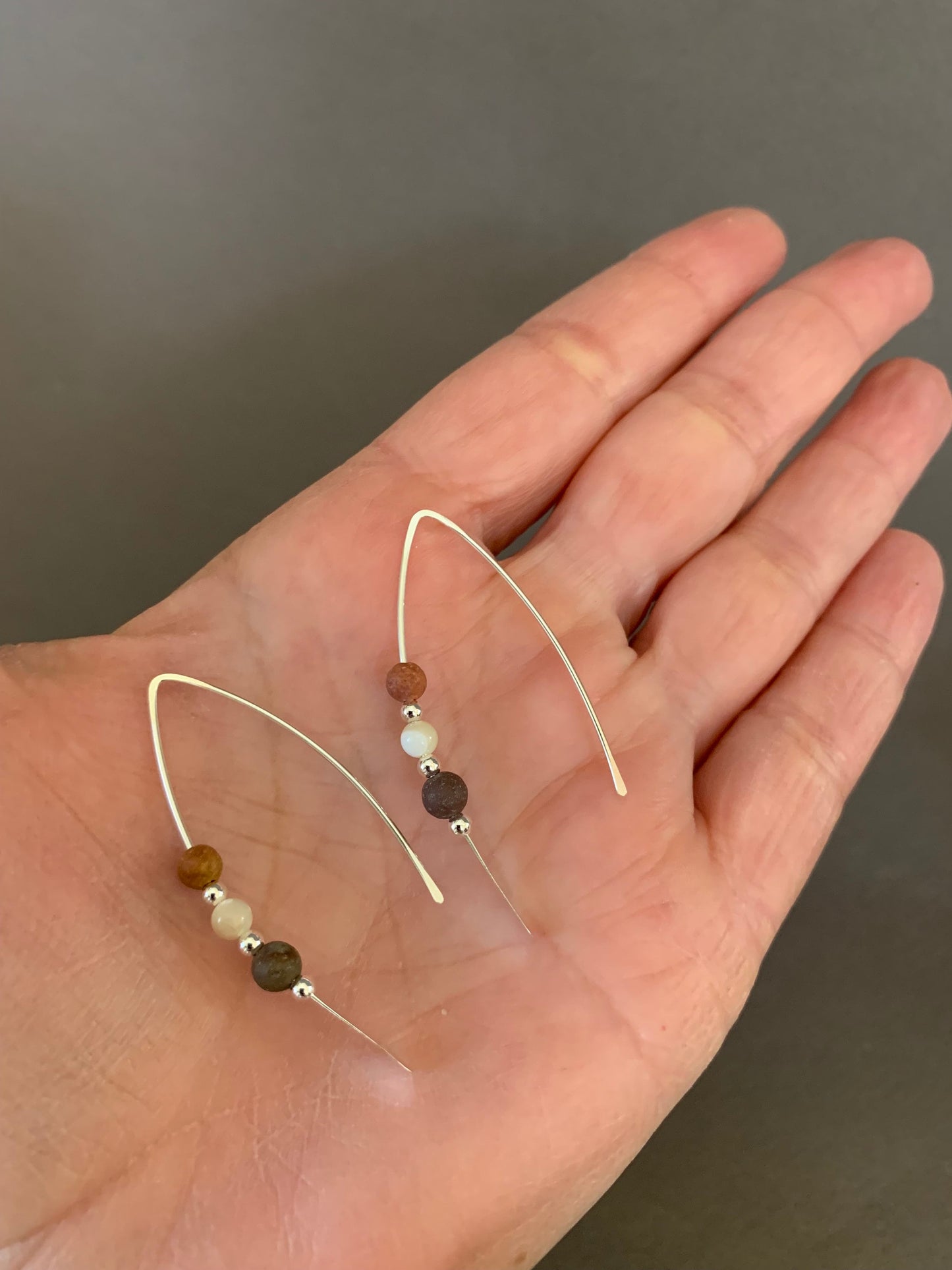 Sterling Silver Threader Earrings: Jasper Gemstones, Earthy Elegance in Shades of Cream and Terra Cotta, Thin Open Silver Hoops