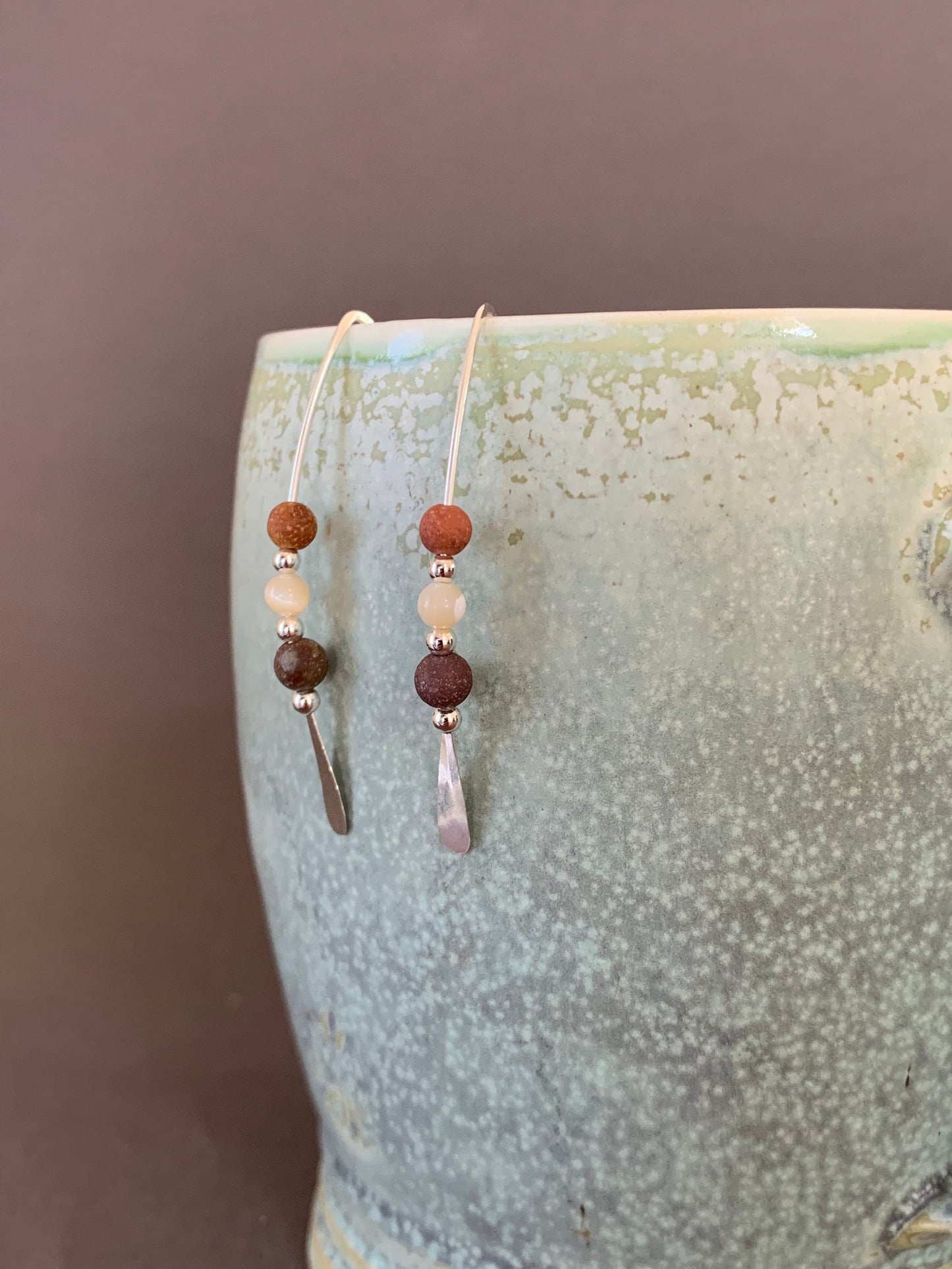 Sterling Silver Threader Earrings: Jasper Gemstones, Earthy Elegance in Shades of Cream and Terra Cotta, Thin Open Silver Hoops