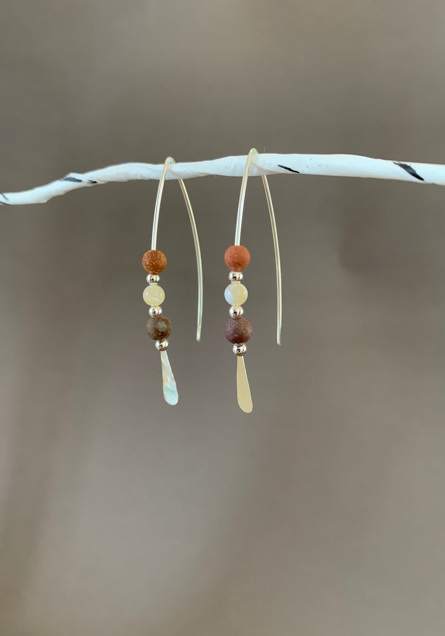 Sterling Silver Threader Earrings: Jasper Gemstones, Earthy Elegance in Shades of Cream and Terra Cotta, Thin Open Silver Hoops