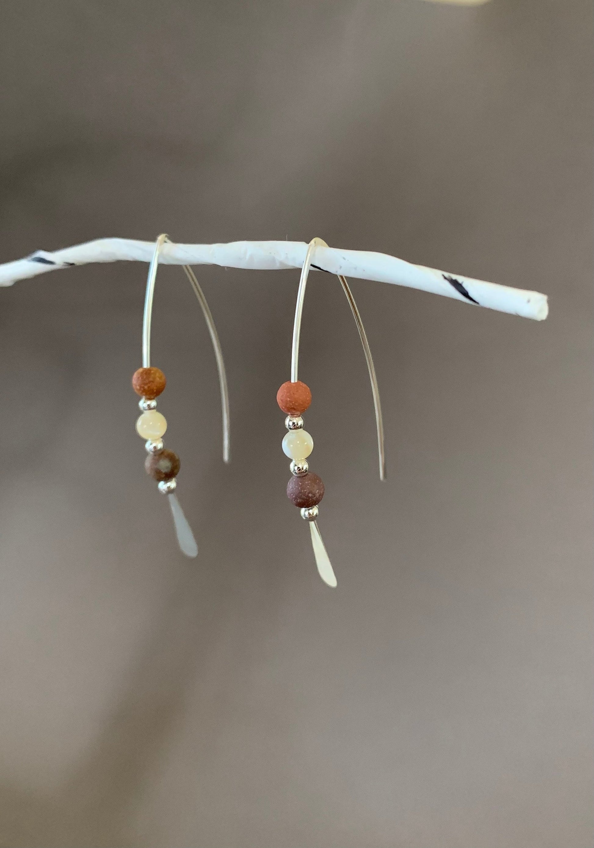 Sterling Silver Threader Earrings: Jasper Gemstones, Earthy Elegance in Shades of Cream and Terra Cotta, Thin Open Silver Hoops