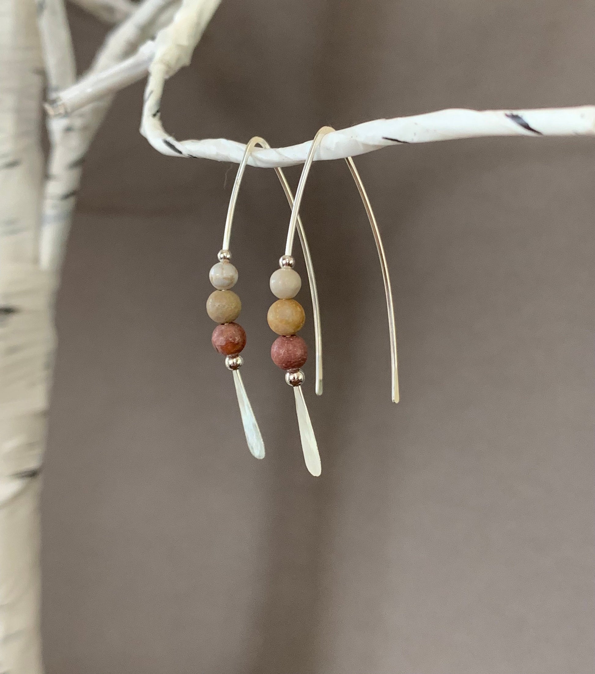 Jasper Stone Sterling Silver Threader Earrings: Earthy Elegance in Shades of Cream and Terra Cotta, Thin Open Silver Hoops