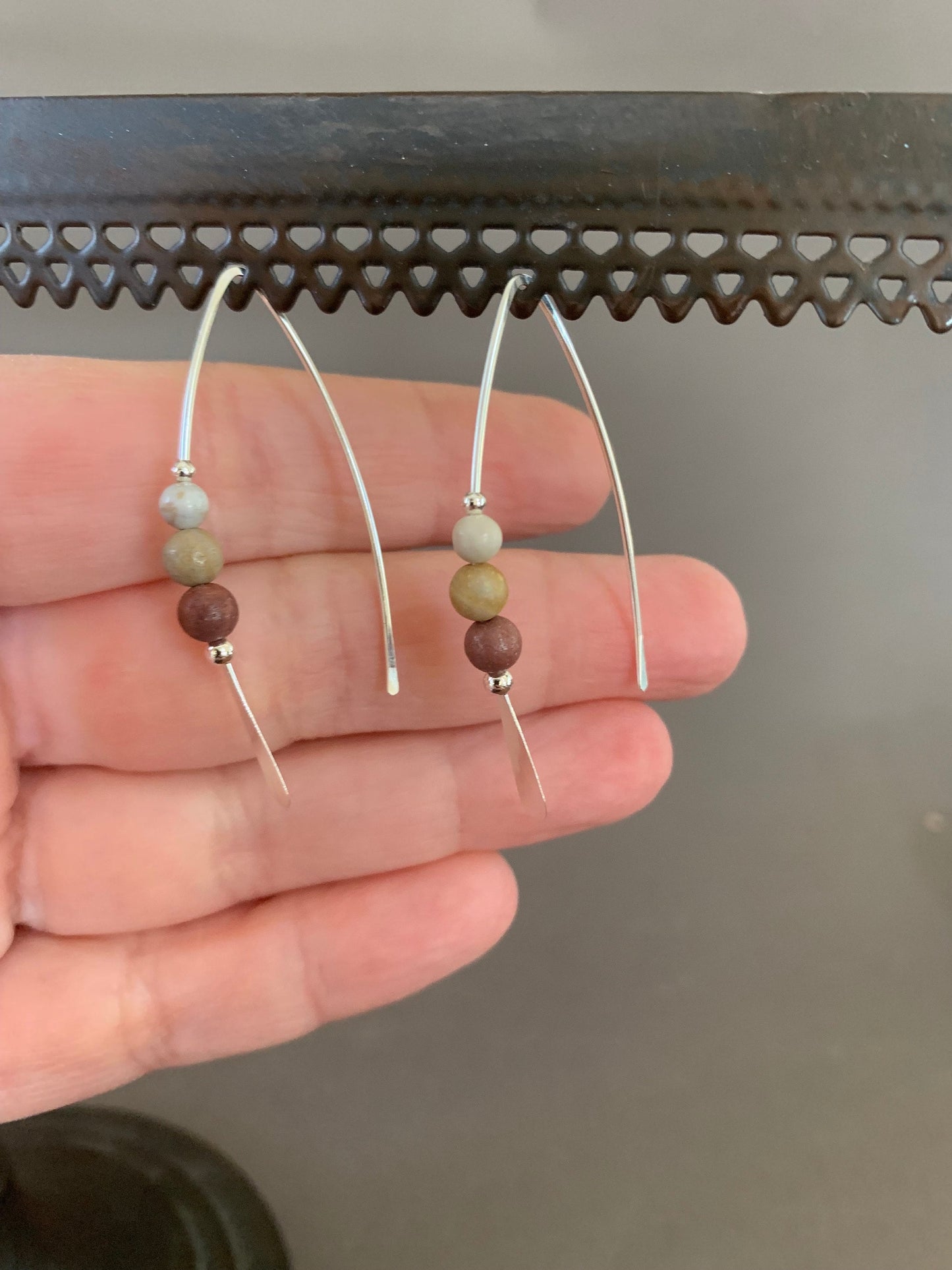 Jasper Stone Sterling Silver Threader Earrings: Earthy Elegance in Shades of Cream and Terra Cotta, Thin Open Silver Hoops