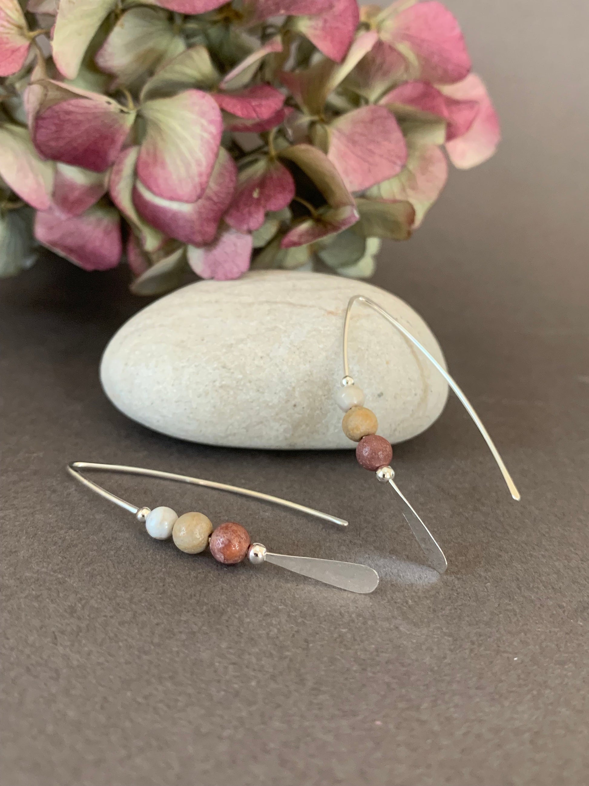 Jasper Stone Sterling Silver Threader Earrings: Earthy Elegance in Shades of Cream and Terra Cotta, Thin Open Silver Hoops