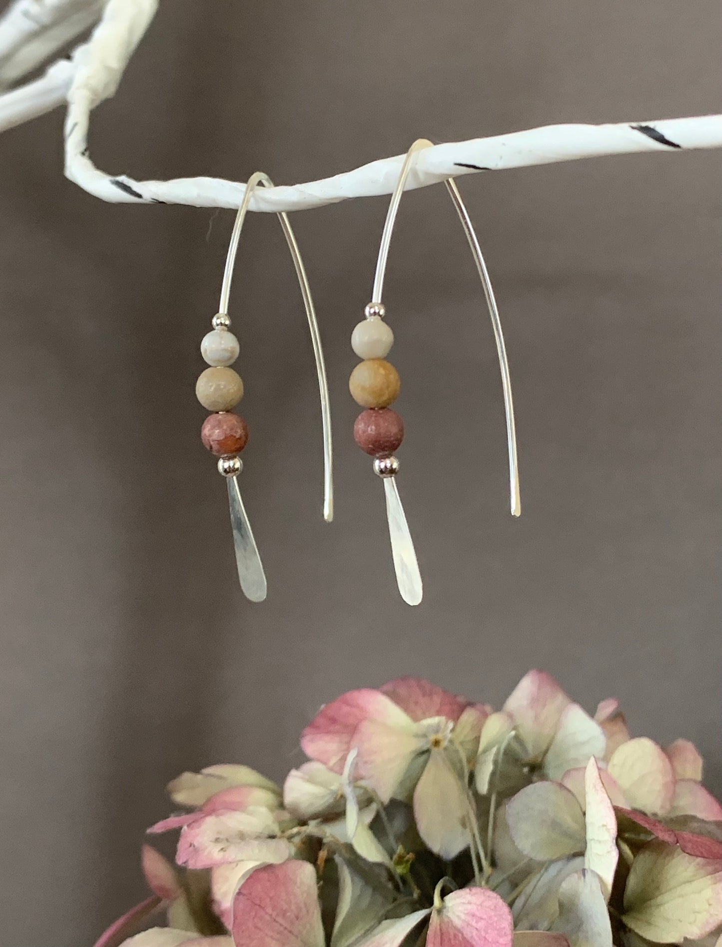 Jasper Stone Sterling Silver Threader Earrings: Earthy Elegance in Shades of Cream and Terra Cotta, Thin Open Silver Hoops