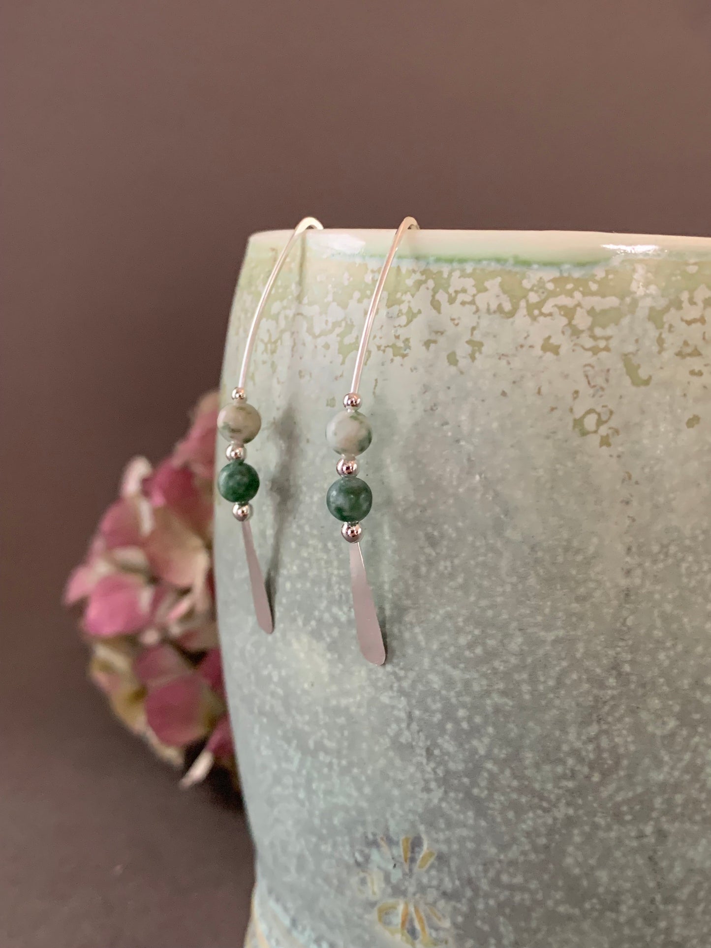 Silver Threader Earrings, Jade Green and Cream Beads, Sterling Wishbone Earrings, Green Agate Stone, Thin Open Hoops, Hammered Hoop Earrings