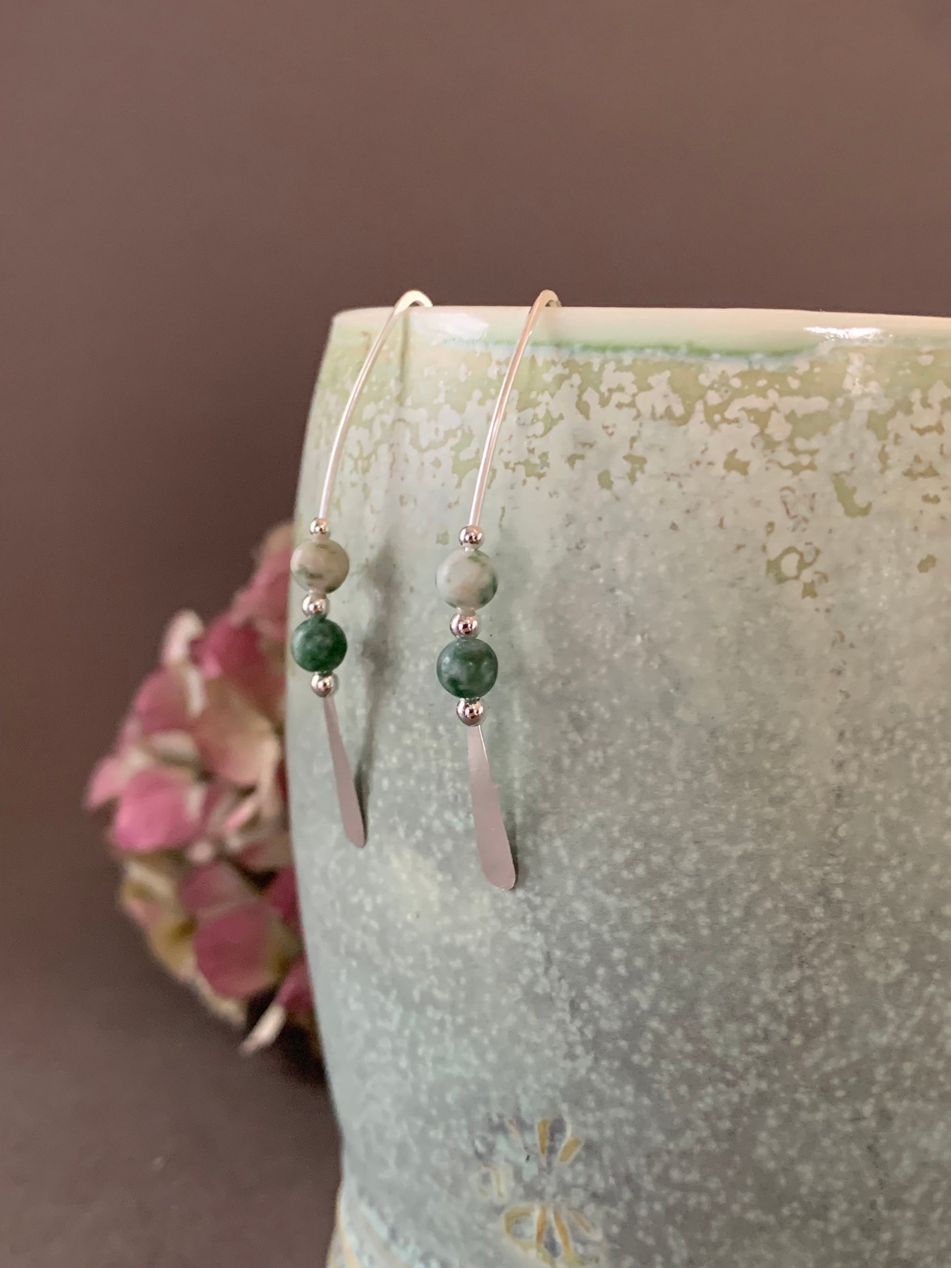 Silver Threader Earrings, Jade Green and Cream Beads, Sterling Wishbone Earrings, Green Agate Stone, Thin Open Hoops, Hammered Hoop Earrings