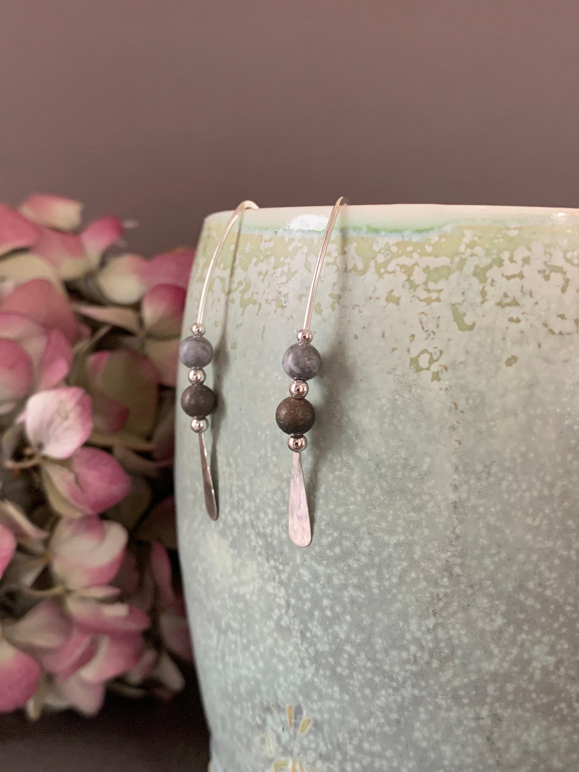 Jasper Stone Sterling Silver Threader Earrings: Earthy Elegance in Shades of Grey and Black, Thin Open Silver Hoops