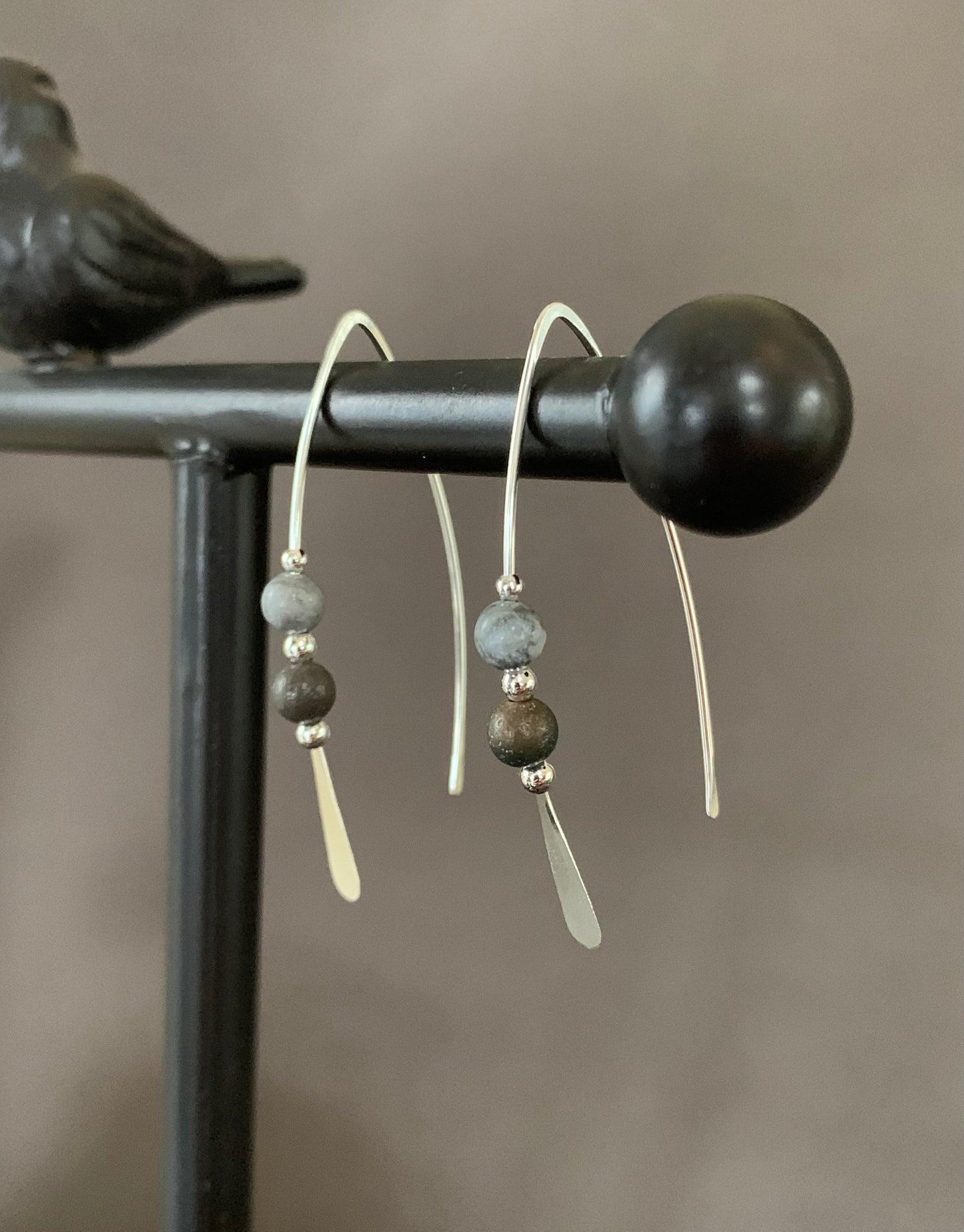 Jasper Stone Sterling Silver Threader Earrings: Earthy Elegance in Shades of Grey and Black, Thin Open Silver Hoops