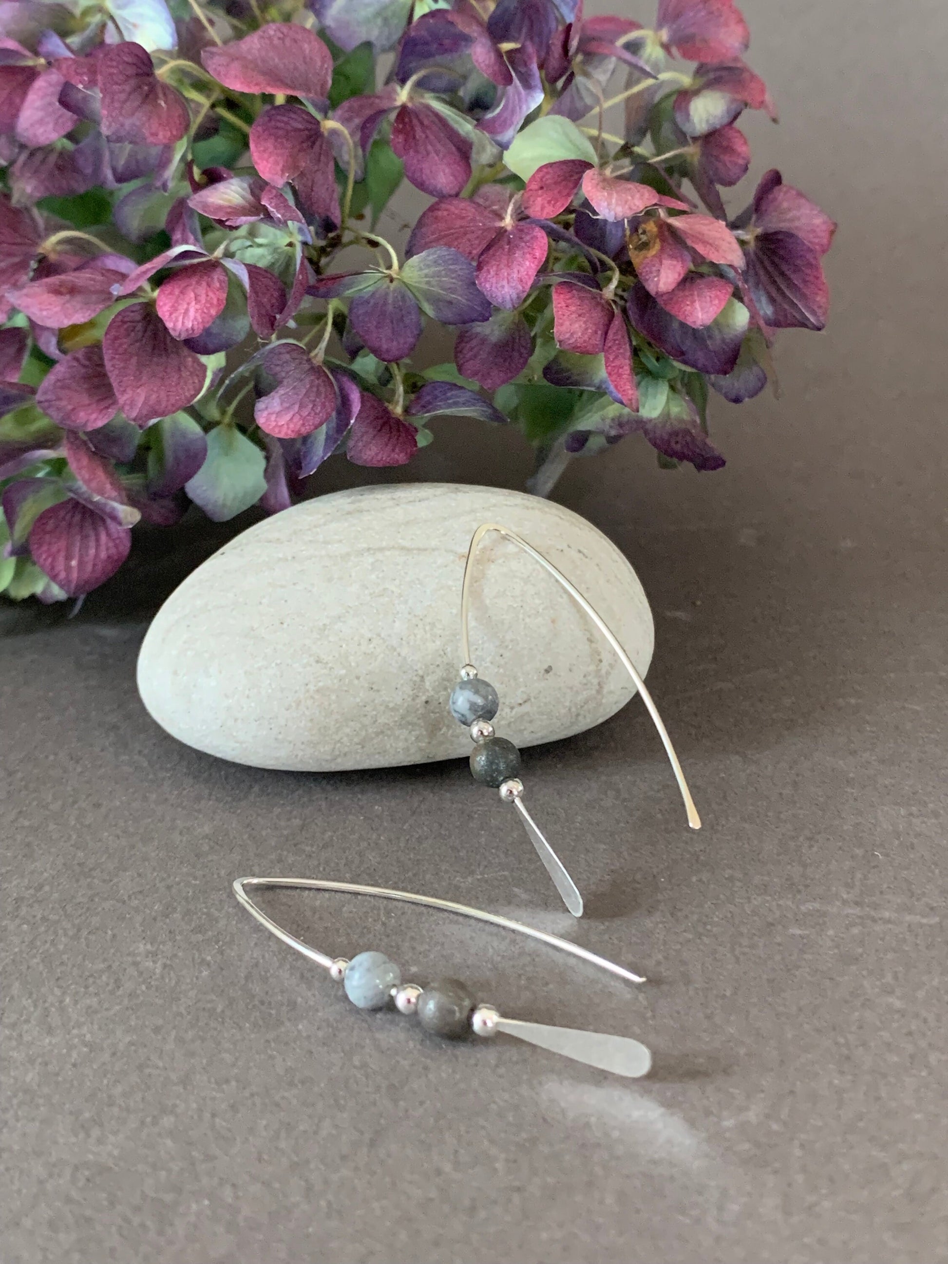 Jasper Stone Sterling Silver Threader Earrings: Earthy Elegance in Shades of Grey and Black, Thin Open Silver Hoops