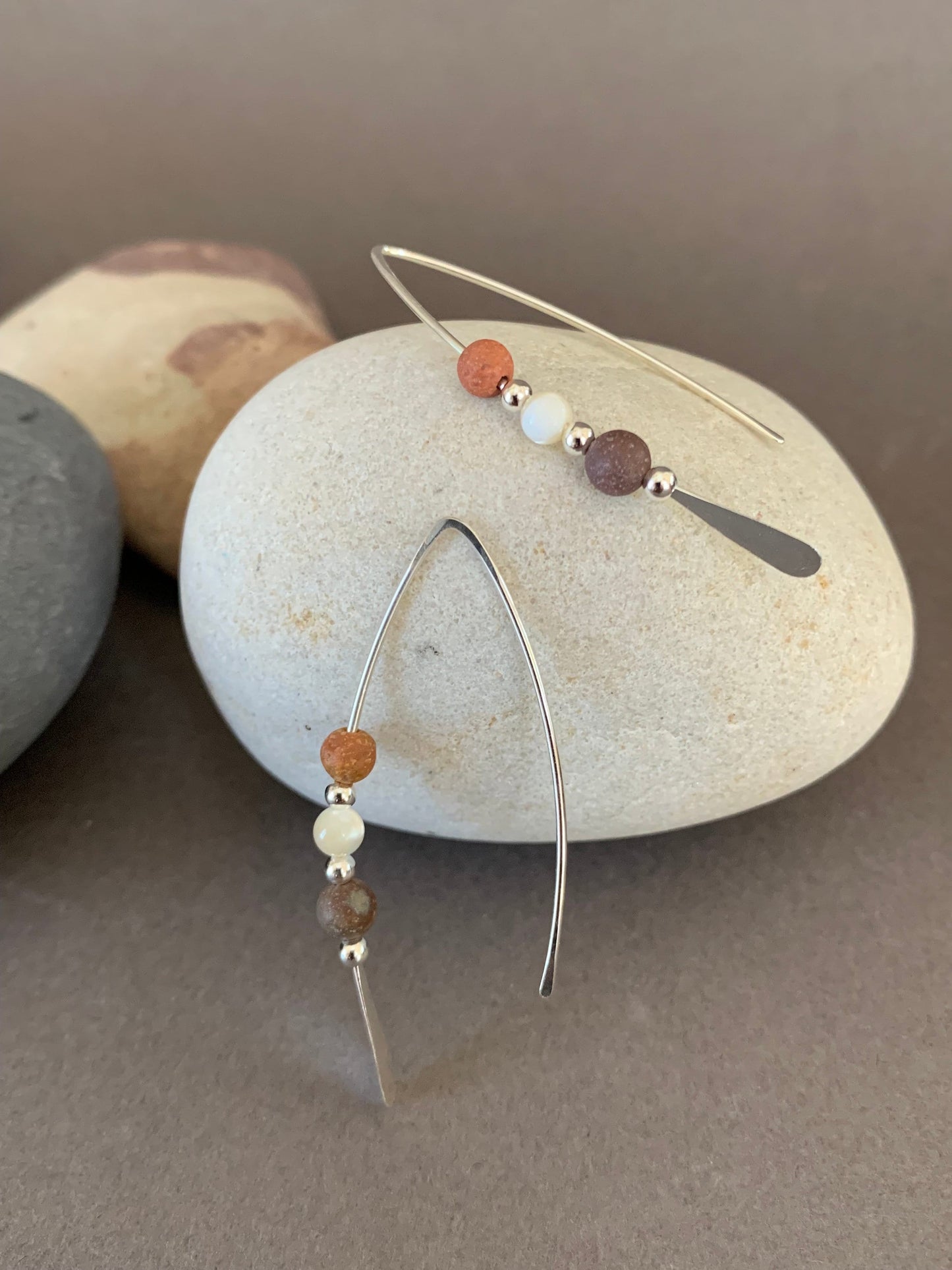 Sterling Silver Threader Earrings: Jasper Gemstones, Earthy Elegance in Shades of Cream and Terra Cotta, Thin Open Silver Hoops