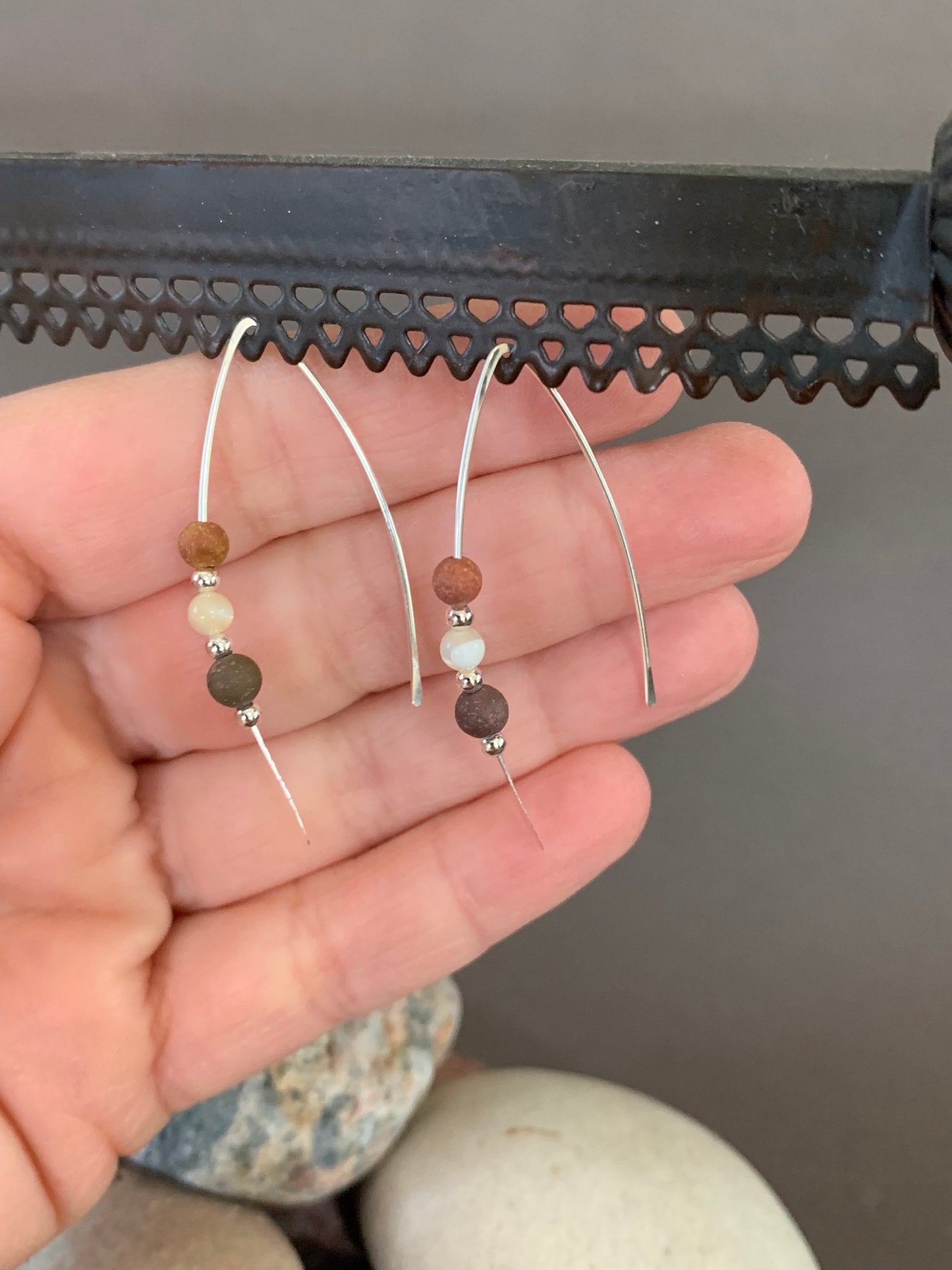 Sterling Silver Threader Earrings: Jasper Gemstones, Earthy Elegance in Shades of Cream and Terra Cotta, Thin Open Silver Hoops