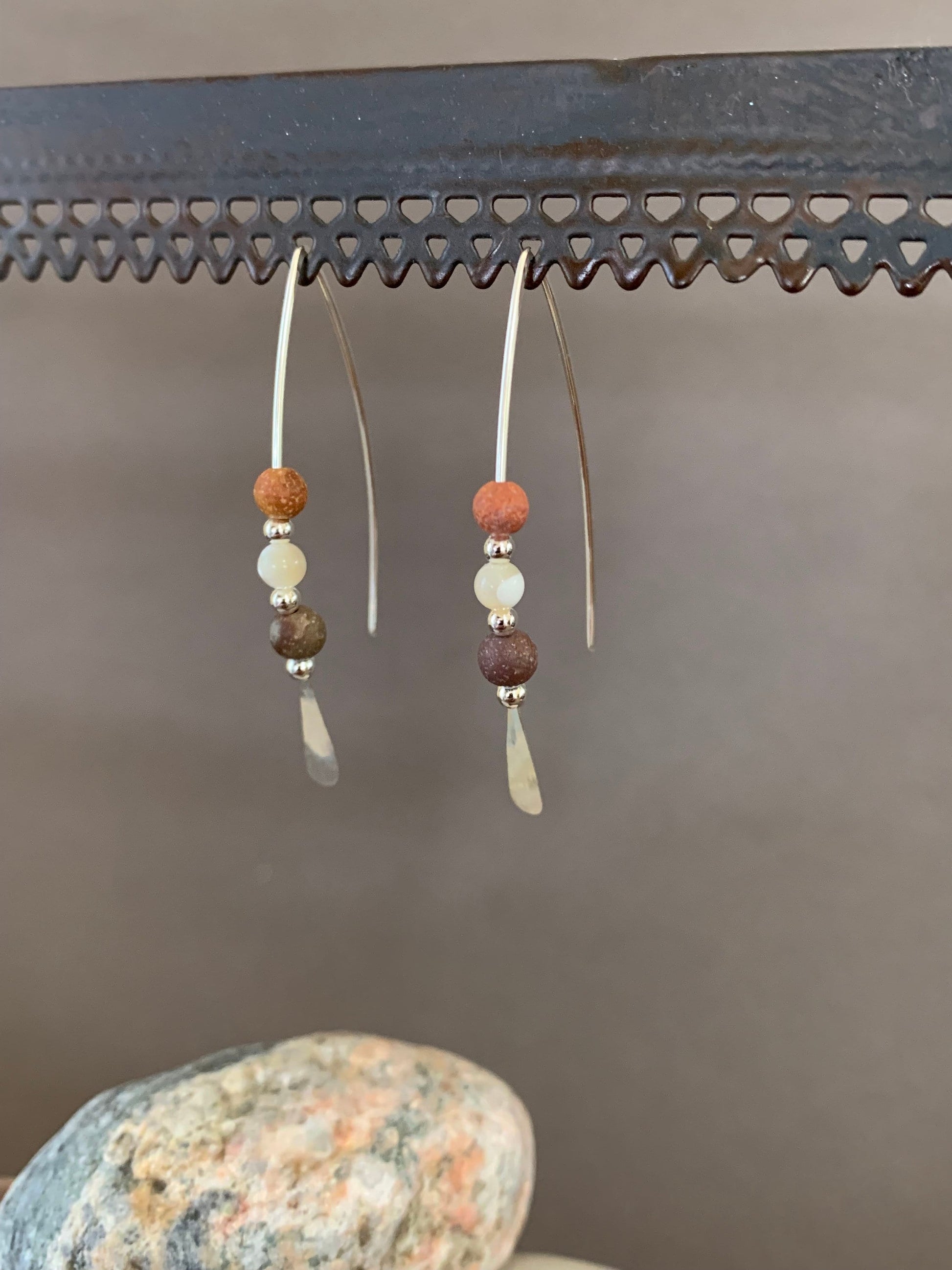 Sterling Silver Threader Earrings: Jasper Gemstones, Earthy Elegance in Shades of Cream and Terra Cotta, Thin Open Silver Hoops