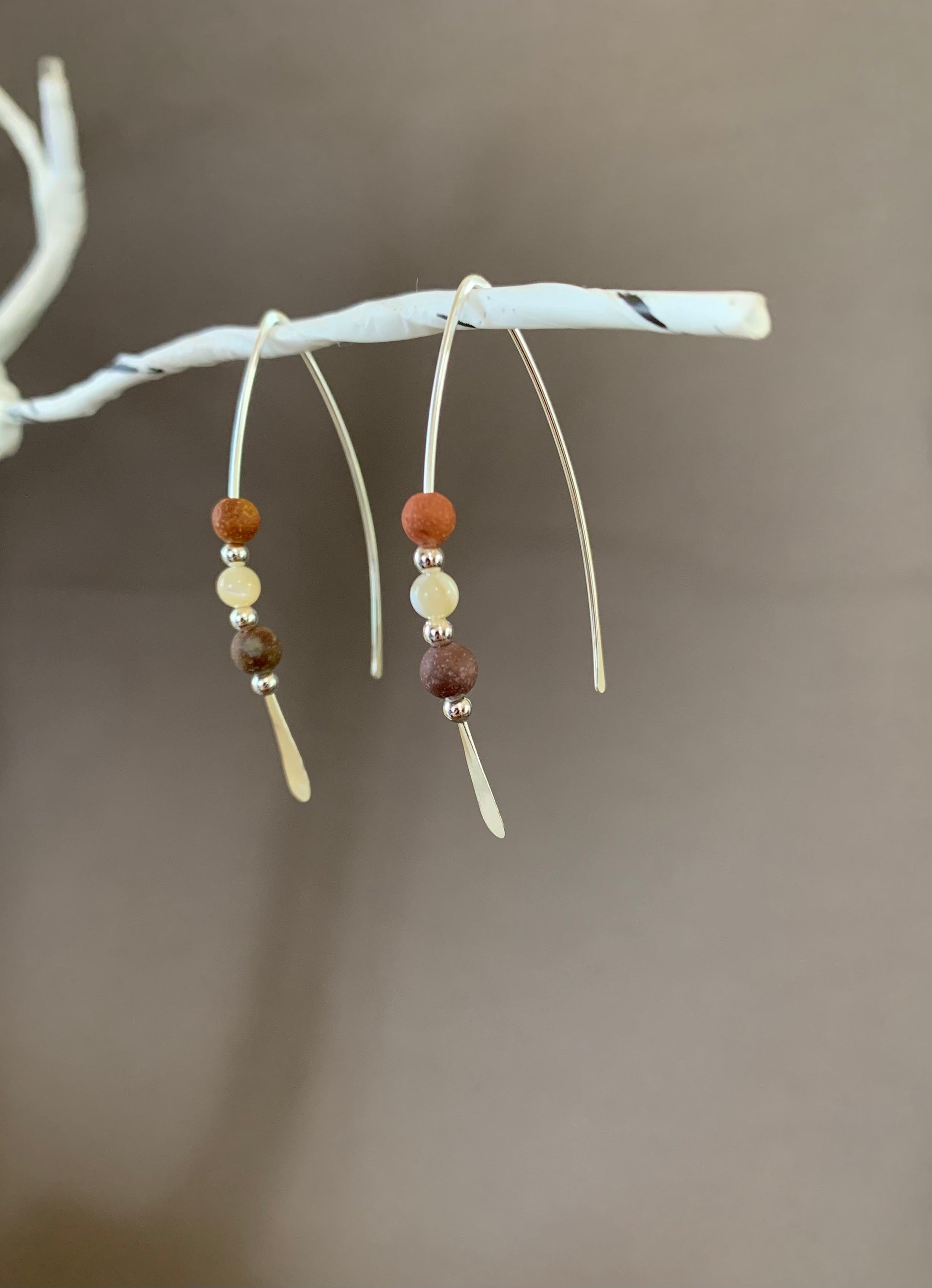 Sterling Silver Threader Earrings: Jasper Gemstones, Earthy Elegance in Shades of Cream and Terra Cotta, Thin Open Silver Hoops