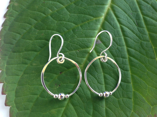 Silver Hoop Earrings with Tiny Silver Beads, Sterling Silver Hoops, Hand Forged Medium Hoop, Handmade Earrings