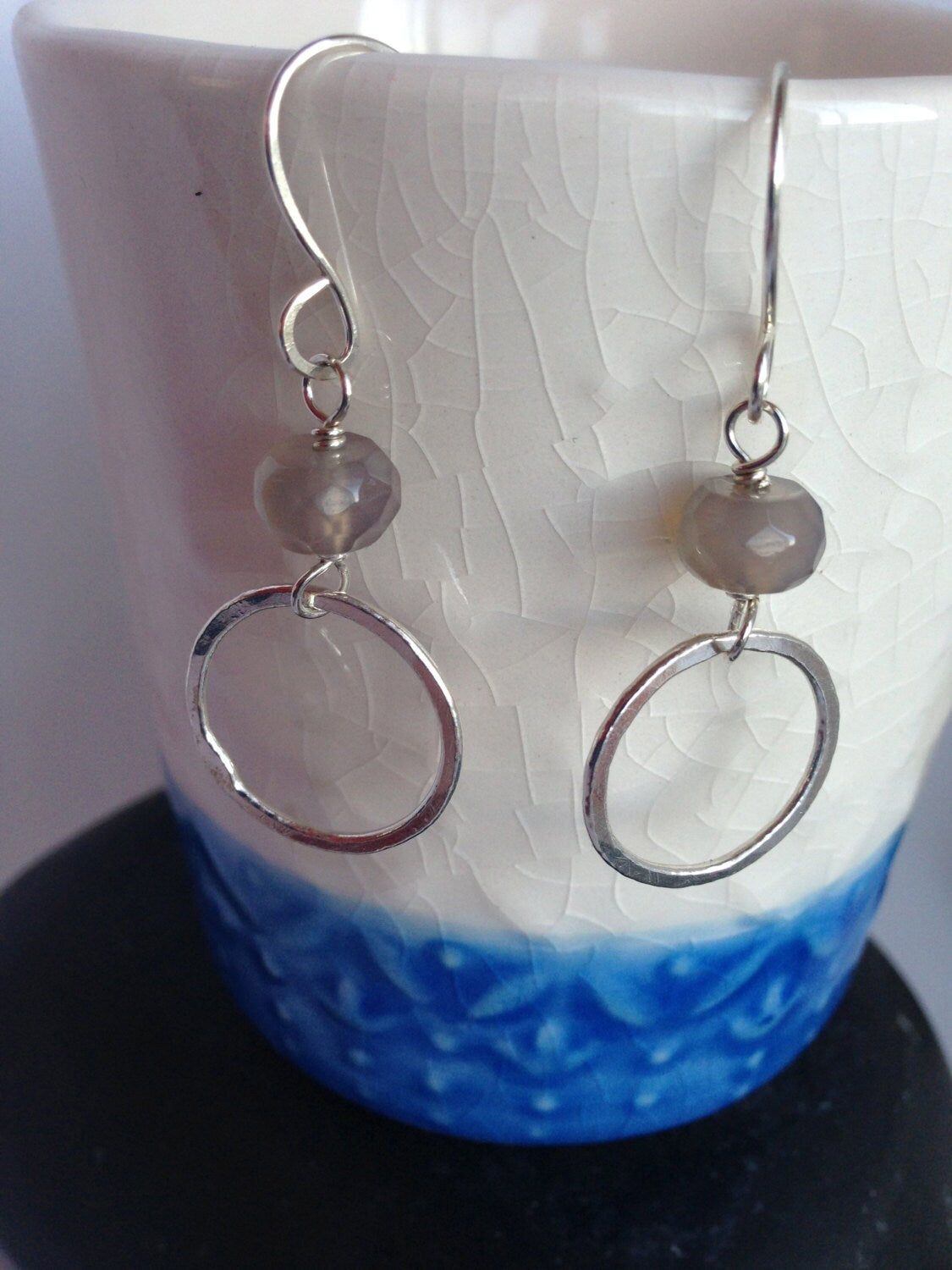 Hammered Silver Hoop Earrings with Grey Glass Bead Sterling Silver Hand Forged Metal Jewelry