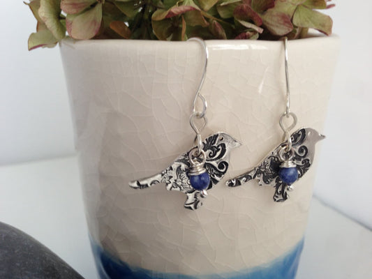 Sterling Silver Bird Earrings , Blue Sodalite Accent Bead, Hand Forged Metal Jewelry