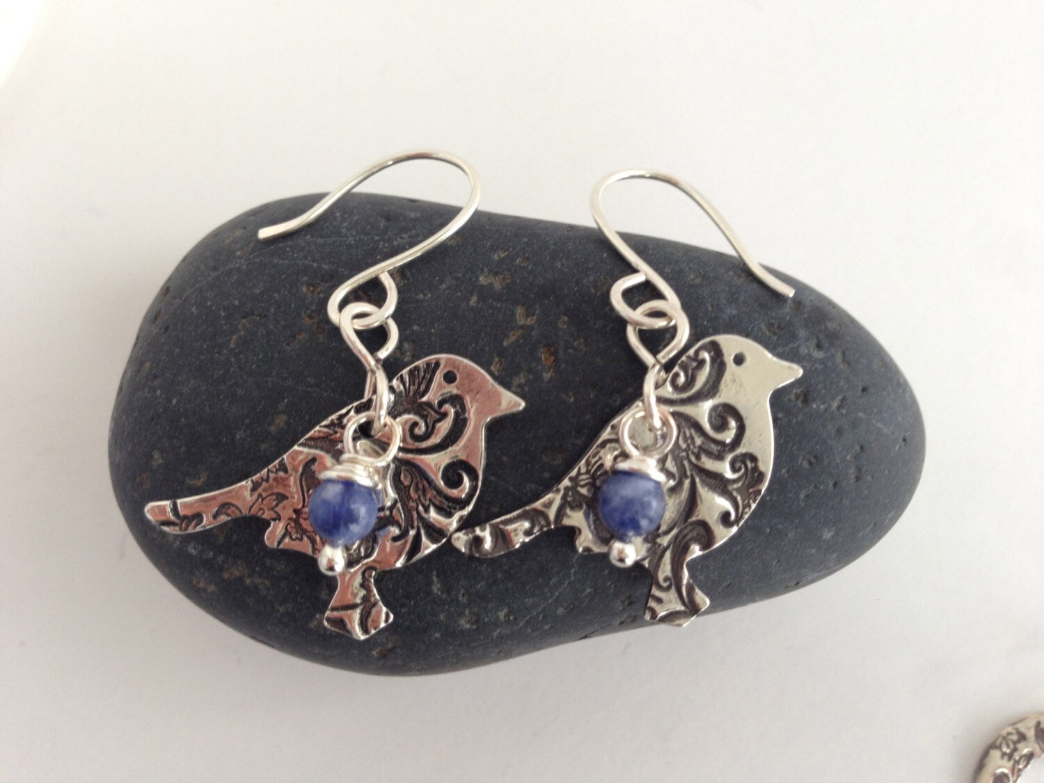 Sterling Silver Bird Earrings , Blue Sodalite Accent Bead, Hand Forged Metal Jewelry