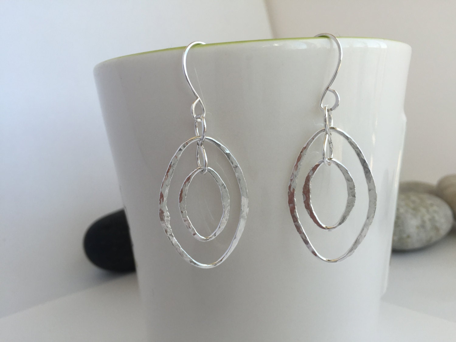 Oval Hoop Earrings Sterling Silver, Large Silver Hoops, Hammered Double Hoop Earrings, Handmade Jewelry