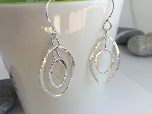 Oval Hoop Earrings Sterling Silver, Large Silver Hoops, Hammered Double Hoop Earrings, Handmade Jewelry